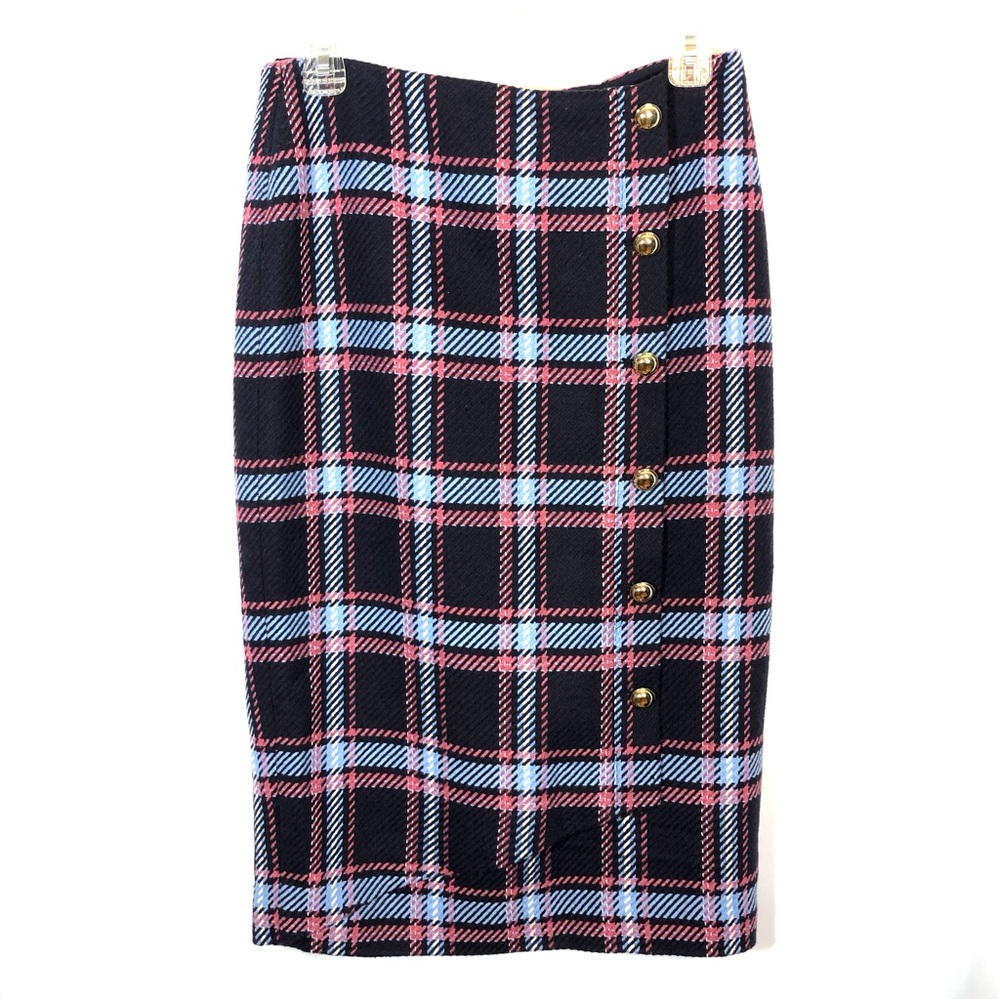 HALOGEN X Atlantic Pacific Blue Plaid Faux Wrap Pencil Skirt